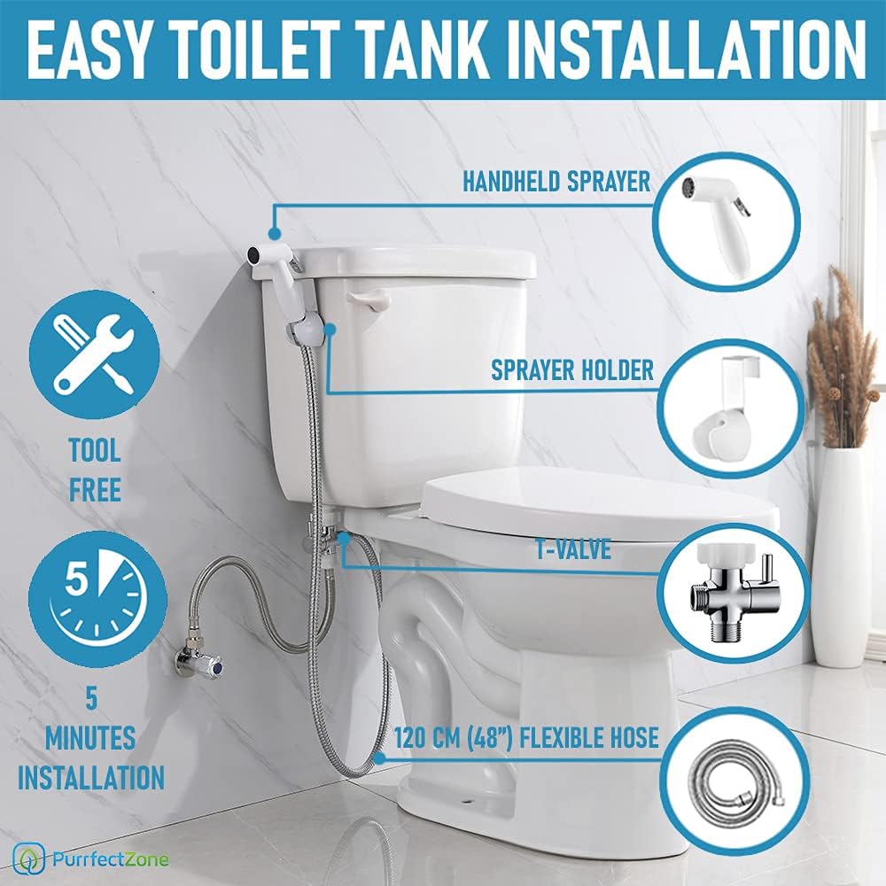 Hand Held Bidet Attachment for Toilet – 4 Ft. Hose Handheld Bidet Sprayer for Toilet – Toilet Bidet Sprayer for Intimate Care, Cloth Diapers, Toilet Cleaner – Bathroom Accessories by Purrfectzone