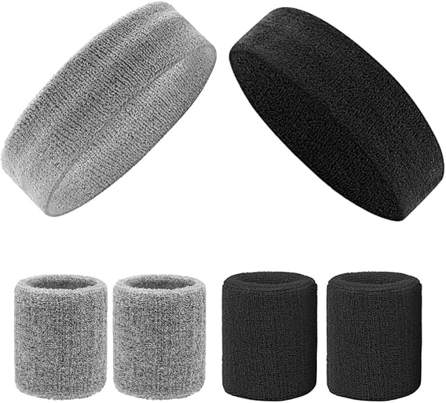 6 Pack Sweatbands Set Sports Headband Wrist Sweat Band Soft Thickened Terry Cotton Men and Women for Gym Tennis Gymnastics Football Soccer Basketball Running Athletic Sports, Black/Grey, 8*8CM 8*15CM