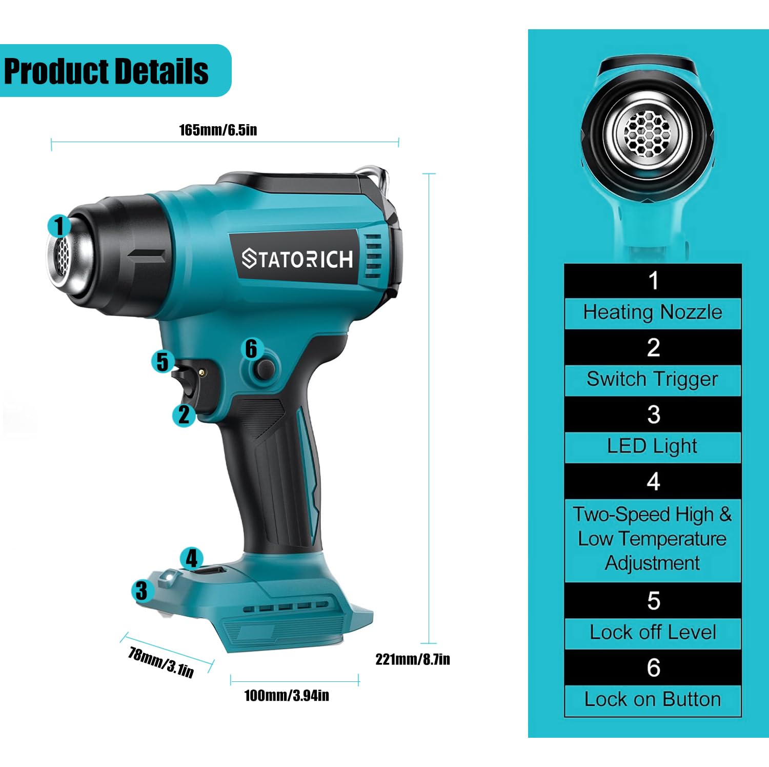 Pistola ad aria calda con batteria per Makita 18 V, pistola termica manuale con luci LCD digitali, 50 °C - 550 °C e controllo dell'aria per fai da te, rimozione (senza batteria)