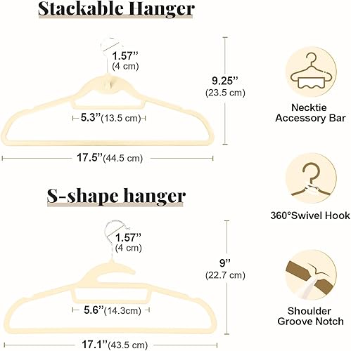 Miniatura 10 de UEAKPIC Paquete de 48 perchas de terciopelo negro, en forma de S y apilables, antideslizantes, con gancho giratorio de 360, ultra finas y