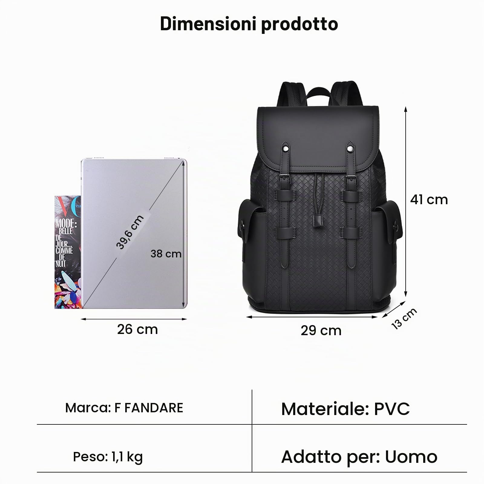 FANDARE Zaino Casual Zaino PC Super Morbido in PVC Borsa da Cabina per Voli Zaino Lavoro Viaggio Ufficio Tech Scuola Università Impermeabile Nero A