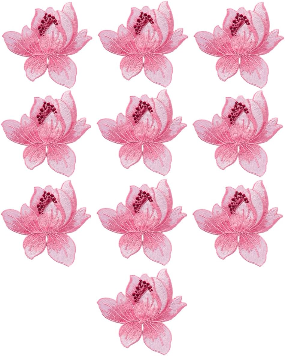 10 Pieces Blooming Lotus Embroidered Applique Orchid Flower Iron on Patches Sew on Badge Stickers for Clothes Backpack Repairing Embellishment Decorations (Pink)