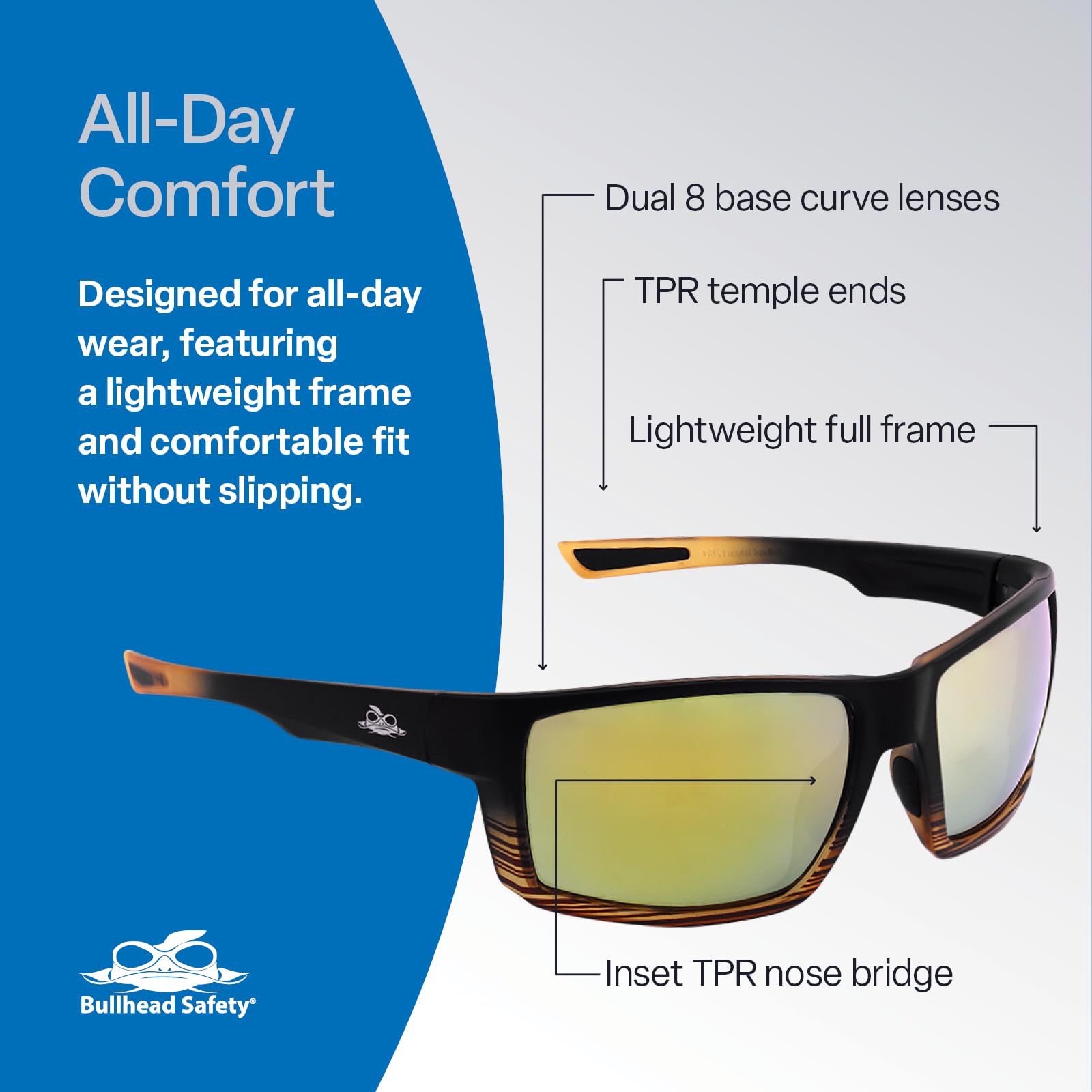 Bullhead Safety Gafas polarizadas Sawfish con tecnología de niebla de rendimiento, ANSI Z87+, luz azul con luz UV y protección antiarañazos, lentes de espejo dorado con marco de tortuga/negro