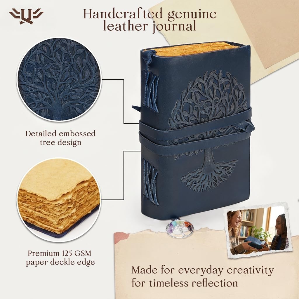 Leather Journal for Women and Men, 200 Pages - 5"x7", Gifts for Women, Travel Diary, Women's Notebook - Tree Of Life 7 Chakra Bookmark, Antique Gift for Mom, Unique Birthday Gifts, Navy