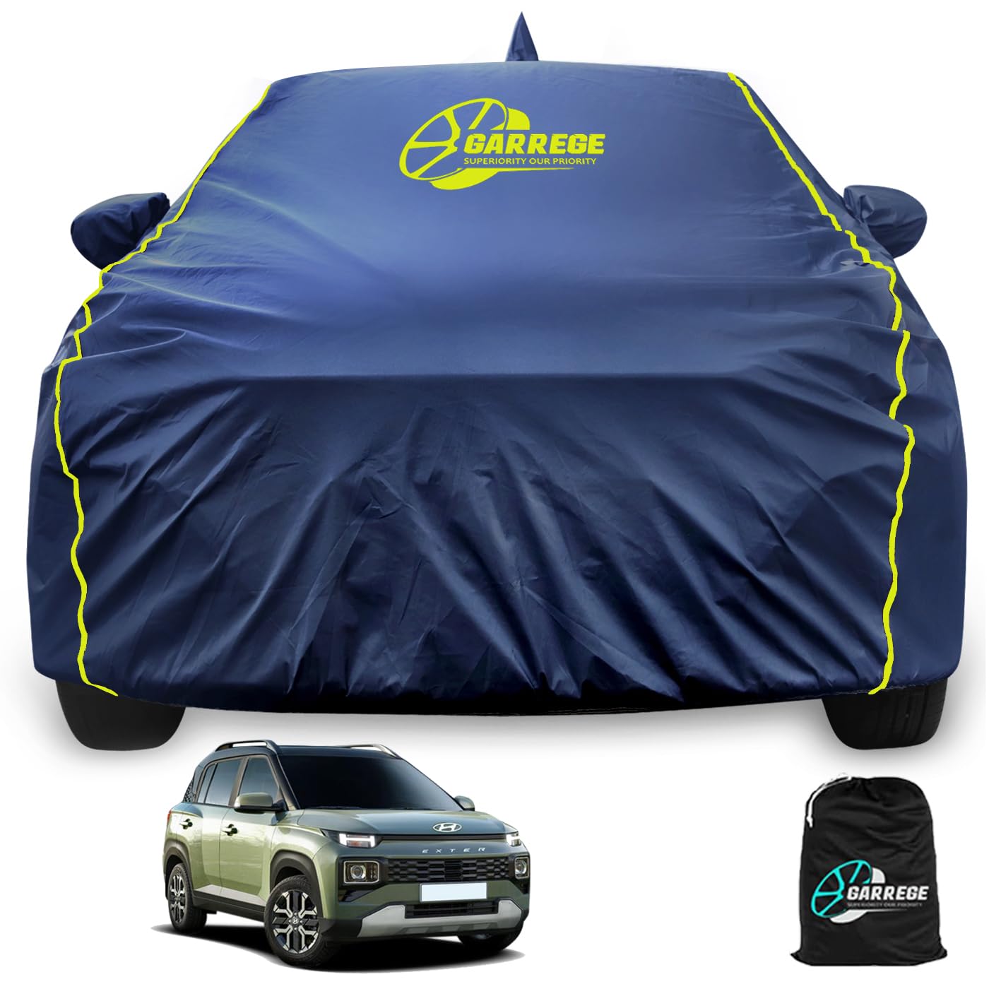 GARREGE® Waterproof Car Body Cover for Hyundai Exter 100% All Weather Proof with Mirror & Antenna Packet & Full Bottom Elistic, Triple Stitching with 100% Nail Proof Cover Navy Blue-image-45