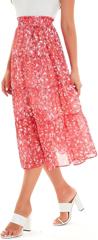DIASHINY Womens Boho Printed High Waist Pleated Layered Elastic Waist A Line Long Skirt