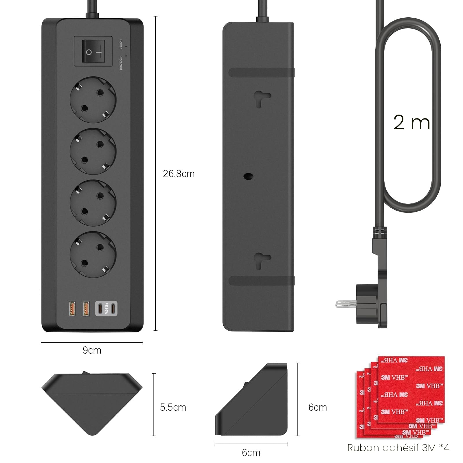 Prise d'angle 4 Compartiments avec USB C(PD 20W), SUDEERY multiprise 8 en 1 4 Prises USB Multiples avec Interrupteur, multiprise avec Protection Contre Les surtensions avec câble 2M pour la Cuisine