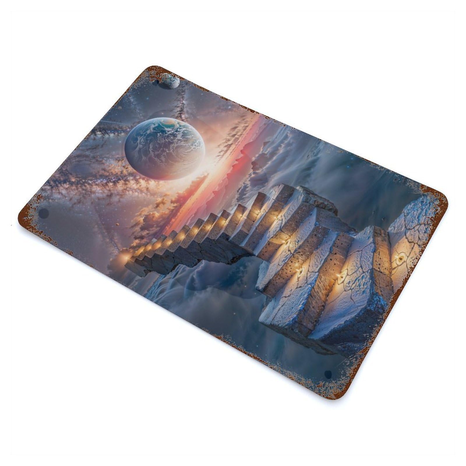 Celestial Stairway Rustic Tin Plaque 11.8"x7.9", for Living Room, Hallway And Home Decor, Decorative Metal Wall Art