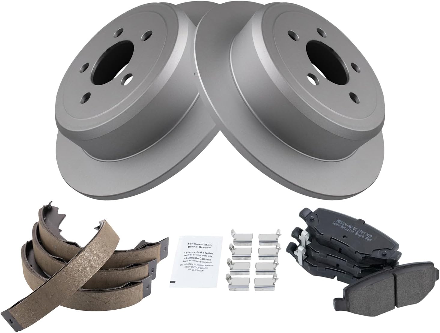 TRQ Rear Brake Pad & Rotor Kit Brake Pads Brake Rotor Parking Brake Shoe Set Semi-Metallic Premium G-Coated Compatible with 2007-2011 Dodge Nitro 2008-2012 Jeep Liberty