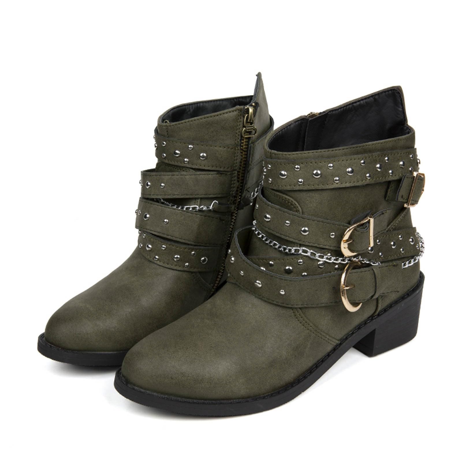 Stivaletti da donna, con tacco a blocco, autunno, inverno, da donna, con fibbie, vintage, da cowboy, tinta unita, con chiusura lampo laterale