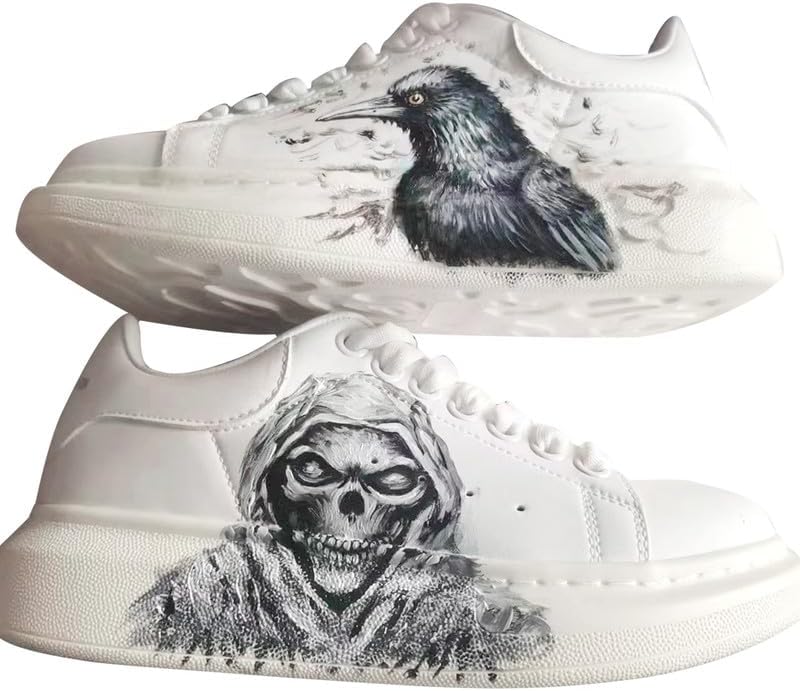 [Onegam] 手描きのカラスとスカルデザインの厚底スポーツシューズ レディース 手描きアート 不気味な面白いハロウィン魅力 サイ