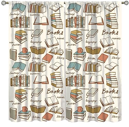 YCness Vintage Bookshelf Kids Curtains, Watercolor Library Learning Education Study Bookcase Theme Window Treatments for Living Room Bedroom Classroom Nersury Kids Room Decor Drapes 42x45 Inch