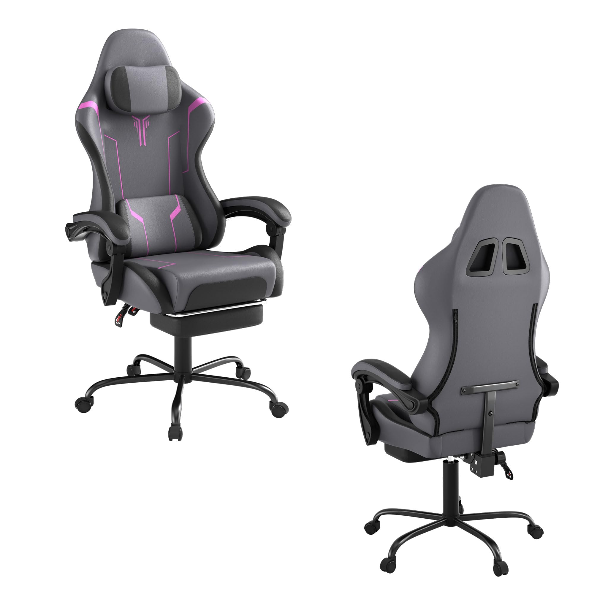 UISEBRT Silla de Gaming Ergonómica con Masaje y Reposapiés, Cómodo Asiento de Gaming Silla de Gaming con Respaldo Ajustable, Reposacabezas y Cojín Lumbar de Masaje - Gris & Negro & Violeta