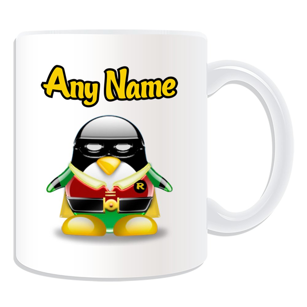 Unigift White Personalised Gift - Robin Mug (Penguin Film Character Design Theme, ) - Any Name/Message On Your Unique - Costume Movie Superhero Hero Marvel Comics Avengers Batman
