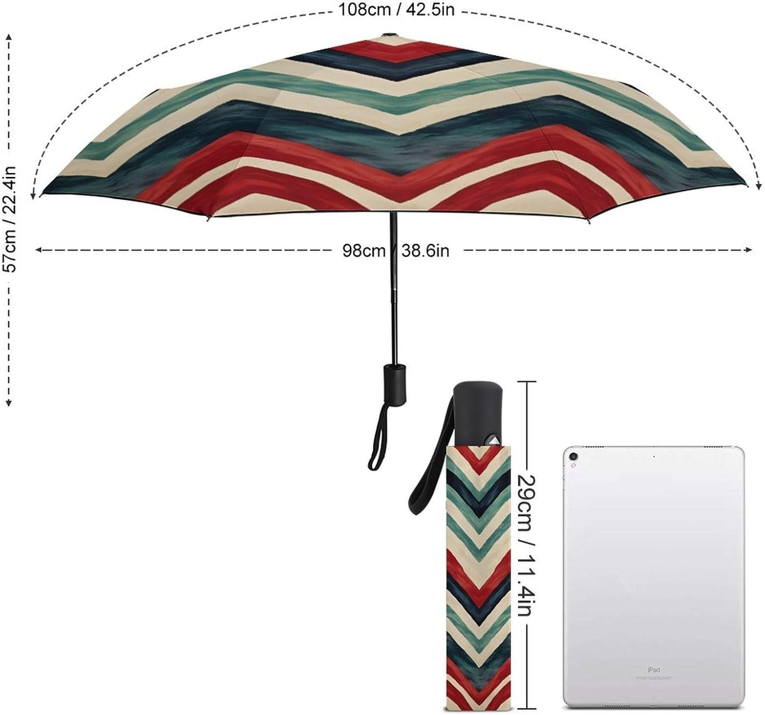 Vintage Striped Auto Open Close Umbrella 3-Fold Design for Rain Sun Protection Ethnic Abstract Windproof Compact Umbrella for Walking Travel Lightweight
