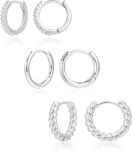Gold Hoop Earrings for Women, 3 Pairs S925 14K Gold Plated Huggie Earring with Diamond Small Cartilage Sleepers Hypoallergenic Earrings Set for Multiple Piercing Women Girls Mens