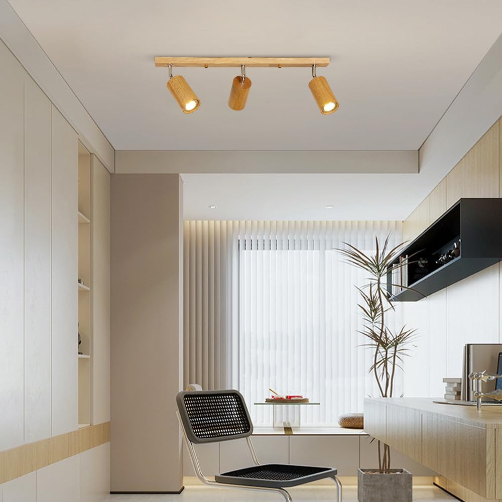 Adjustable Ceiling Spotlight Wood Fixed Track Lighting for Kitchen Island, 360°+90° Rotation Ceiling Spot Light Fixture Dining Room Display Wall GU10 Directional Spotlights