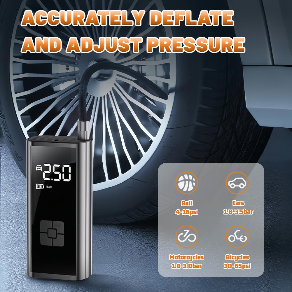 flintronic Compressore Aria Portatile Auto Senza Fili, Batteria Ricaricabile USB 12 V, Compressore ad Aria Portatile, Fino a 150 psi, Luce Led Integrata, 4 Adattatori per Ugelli, Adatta per Auto,Moto