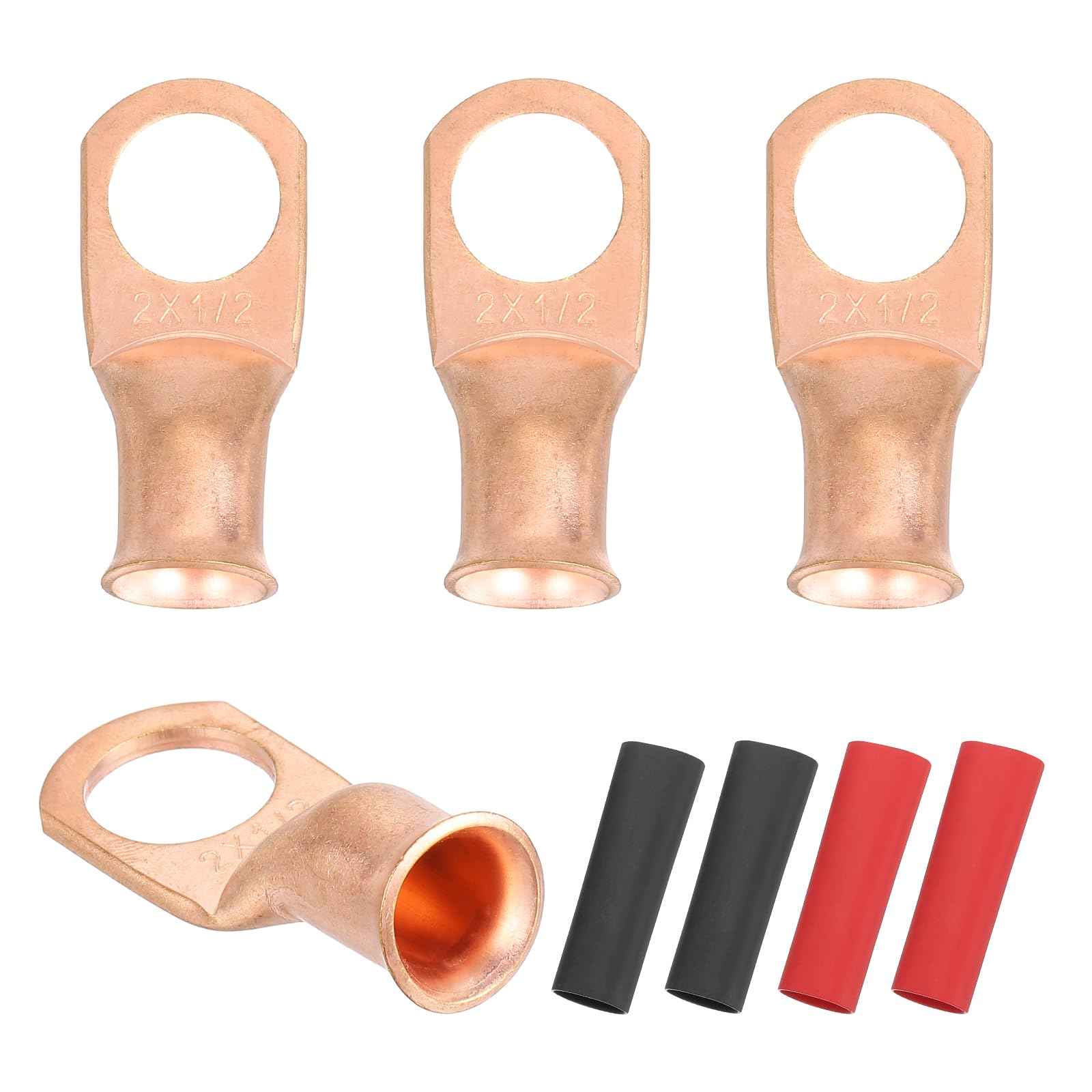 sourcing map 4pcs 2 AWG M12 Battery Lugs Ring Terminals, 1/2" 12mm Stud Crimp Wire Terminal Connector End Copper, 2:1 Heat Shrink Tubing, Gold