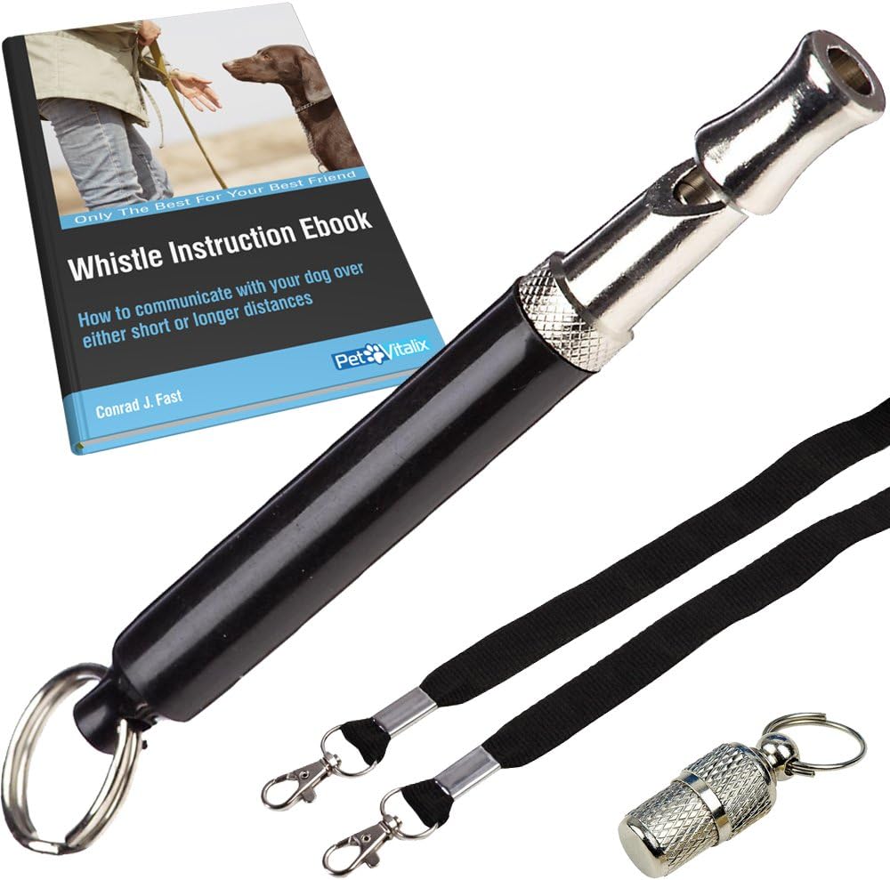 Dog Whistle to Stop Barking Kit with Adjustable Special 2-Tone Frequency Sound for Obedience, Repellent Effect, Clicker Teaching + Keychain, Necklace, Pet ID Tag, Training Ebooks (Black)