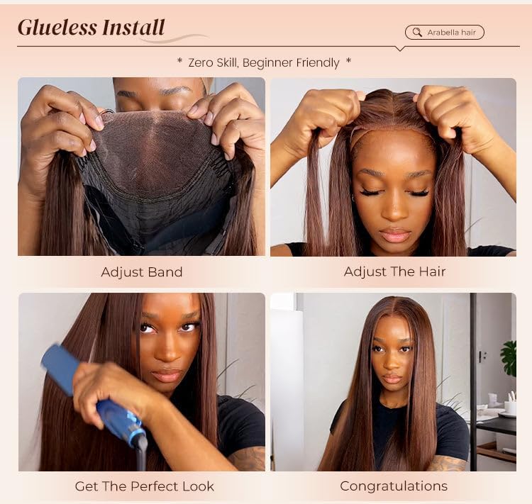 Image of Arabella 6x5 HD Lace Glueless Wigs Human Hair Natural Straight Wig Wear And Go Beginner Friendly 210% Density Three-Goᵀᴹ 12A Pre Plucked Natural Hairline Upgraded Drawstring for Daily /Party 20 Inch