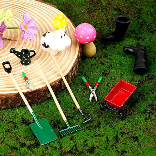 Haomian Miniature Fairy Garden Accessories Set 9 Pcs 1:12 Mini Metal Spade Pestle Kettle Wagon Rake Garden Watering Supplies Micro Landscape Ornaments Dollhouse Accessories #TOP4