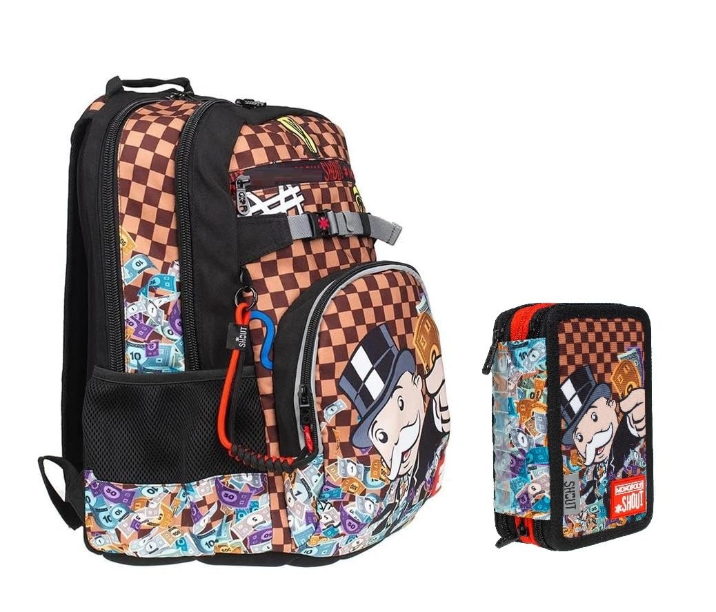 PRESTIGE & DELUXE Schulrucksack kompatibel mit Shout Monopoly mit Trinkflasche und Clip-On gratis + Federmäppchen 3 Ebenen komplett mit Schreibwaren + Stiftset und Schlüsselanhänger Pfeife