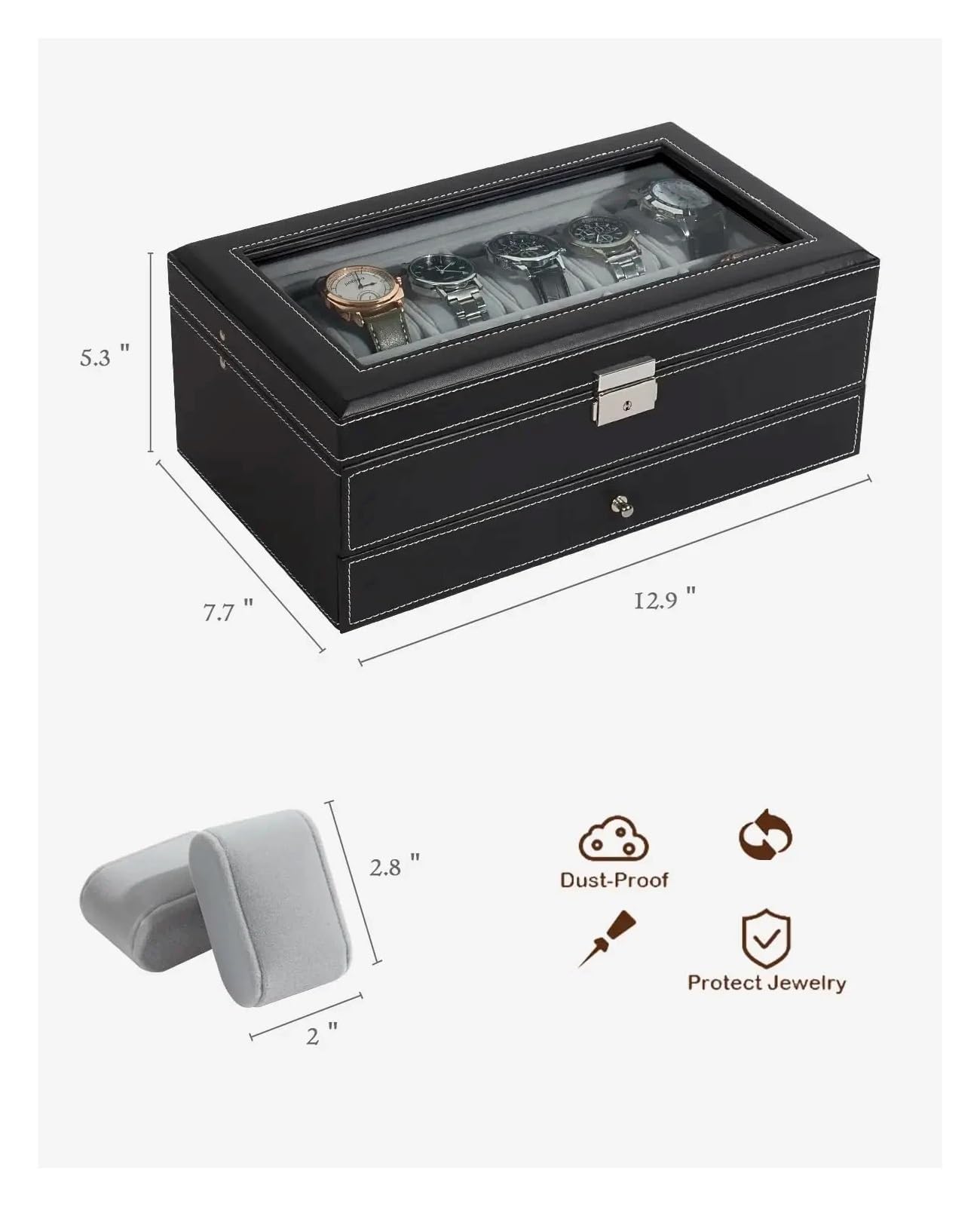 Abschließbare Aufbewahrungsboxen for Uhren mit 12 Fächern, Schmuckvitrine for Herren und Damen, 2-stufiger Organizer for zur Aufbewahrung von Uhren(Black Beige)