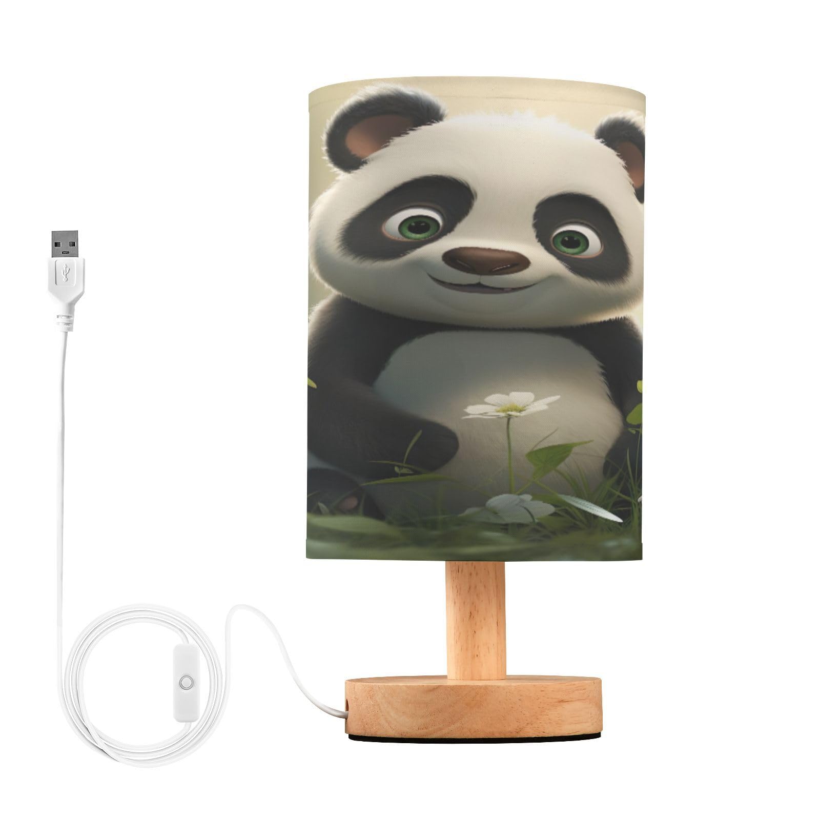 SDMKA Cute Cartoon Panda Bedside Table Lamp for Bedroom, Minimalist Nightstand Lamp with Round Fabric Shade for Living Room, Office, No Bulb Required