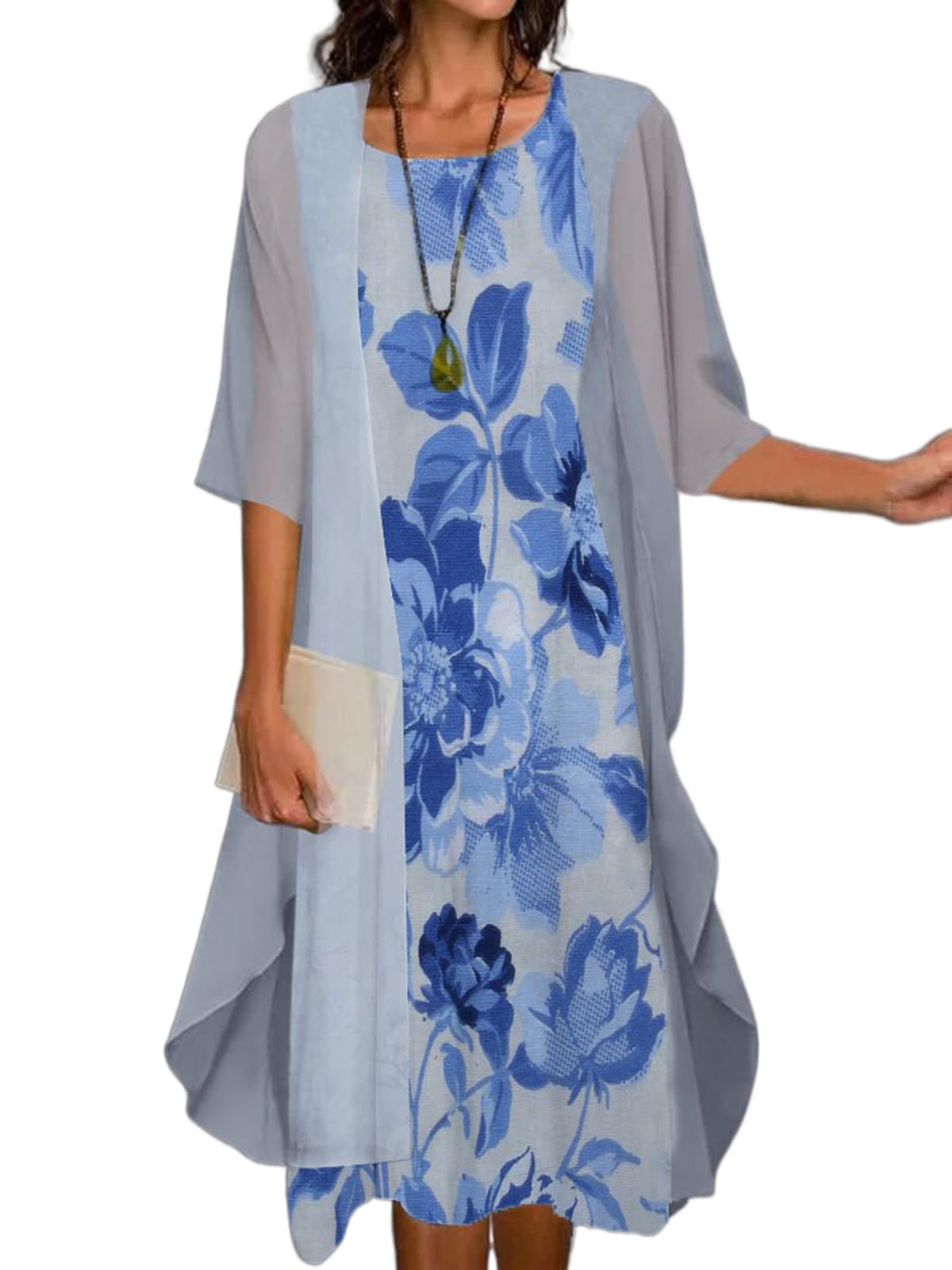 Women Boho Floral Print 2 Piece Set Elegant Flowy Irregular Hem Dress Cardigan Wedding Guest Midi Dresses