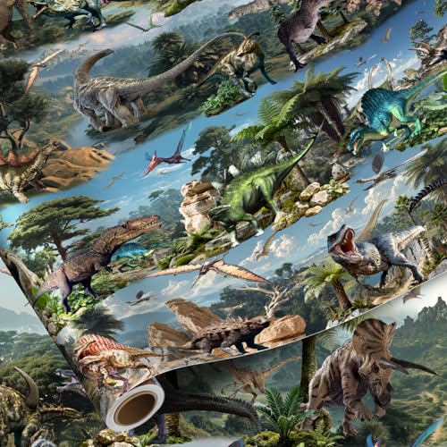 Pajean Dinosaur Wrapping Paper Roll - 33 Ft x 17 Inch Realistic Style Dinosaurs Large Wrapping Paper for Birthday Baby Shower Party Decoration Favors Gifts Packing Supplies