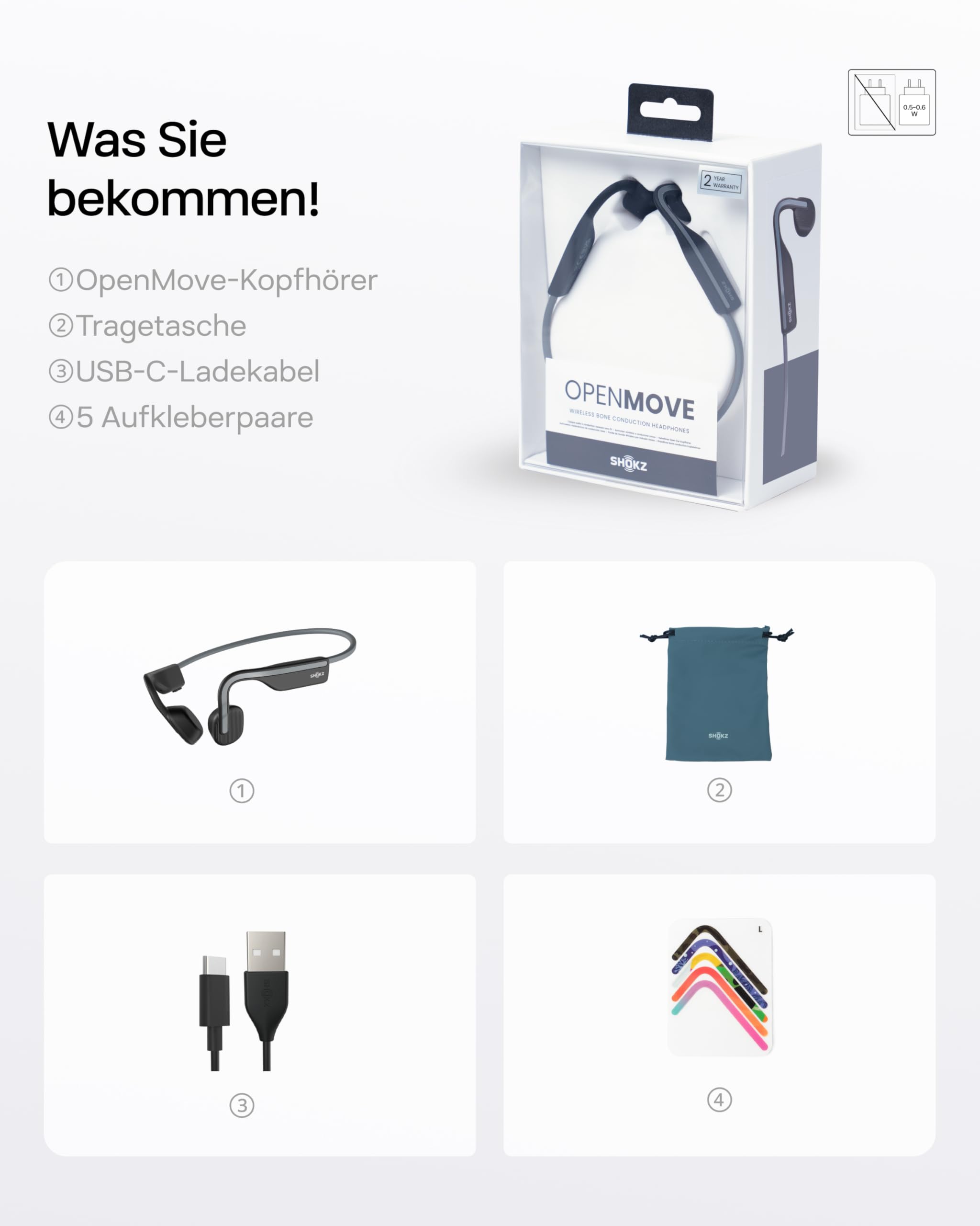 SHOKZ OpenMove Knochenleitungs-Kopfhörer, Open-Ear Wireless Bluetooth 5.1 Kopfhörer mit klarem Sound, 6 Stunden Akkulaufzeit, leicht 29g, schweißfest IP55, Umgebung hören, für Lauf-Workouts, Grau