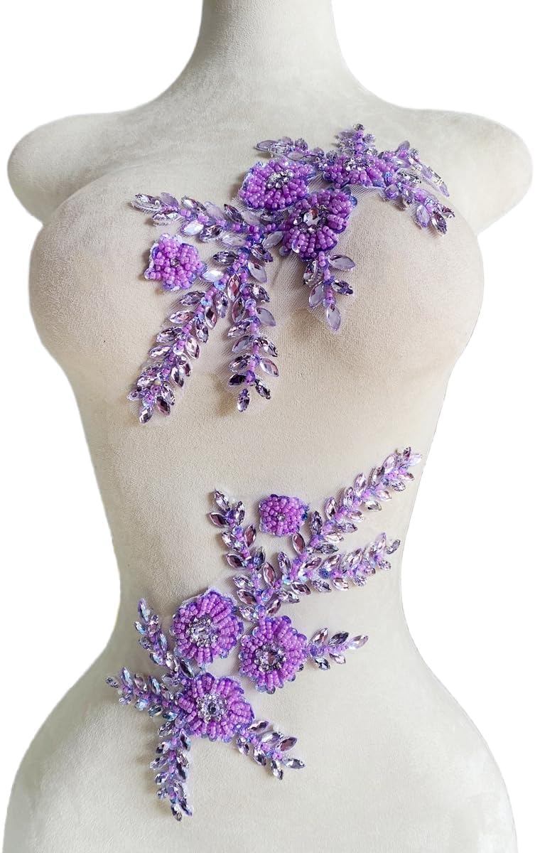 Handmade Rhinestones Bodice Applique sew on Beads Trim Patches Trim Accessories for Wedding Dress Shiny Decorative lace Patch 1 Pair/Set 5.9X10.6inches (Light Purple)