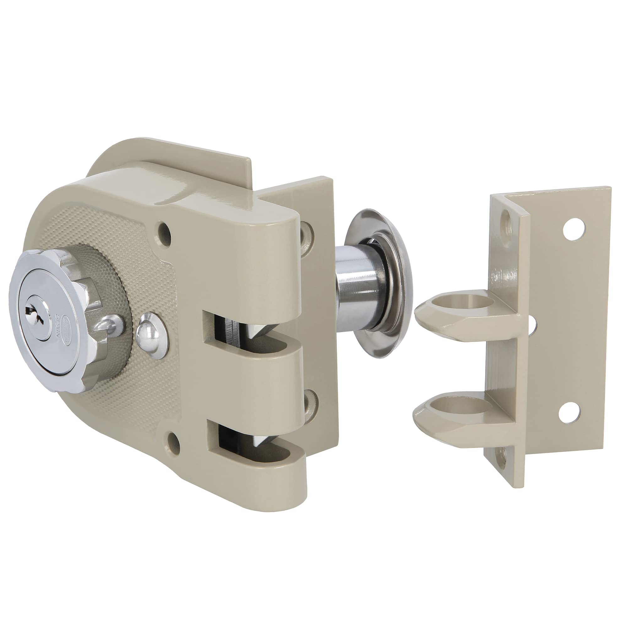 Amig - Verrouillage de Surpose Droite avec levier de Fermoir, Languette et Poignée pour Portes en Bois Mod. 1396 | 60 mm | Loquet avec Cylindre Intérieur et Extérieur | Acier Beige