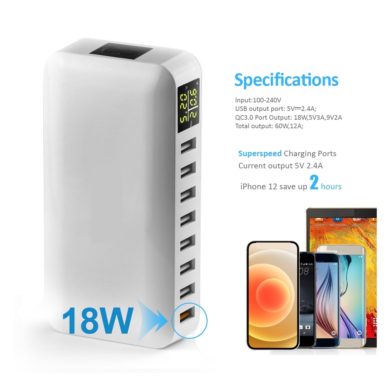 8-portowa Stacja Ładująca USB 60 W/12 A Wieloportowa Ładowarka USB QC3.0 Z Wyświetlaczem LCD Szybki Sejf