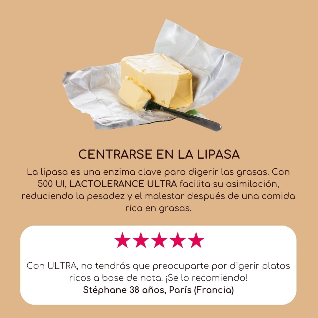 LACTOLERANCE ULTRA Lactasa 20.000 FCC, Lipasa 500 UI, 200 Pastillas | Doble acción sobre lactosa y grasas. Efecto inmediato. Enzimas digestivas. Formato ahorro. Sin sabor. Fabricado en Francia.