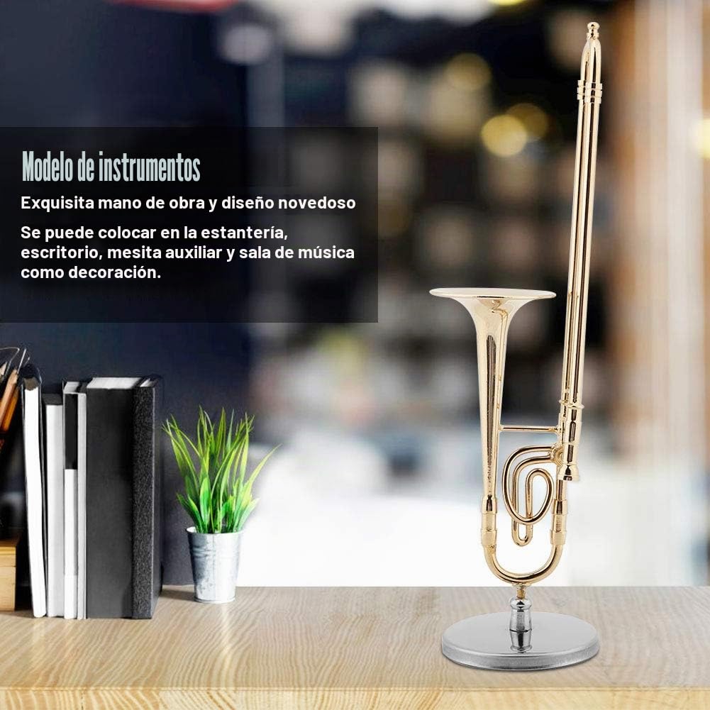 Modelo Trombón Miniatura Chapado Oro 15cm Réplica Instrumento Decoración | Adorno Musical con Soporte Estuche para Sala Estudio Regalo Músicos