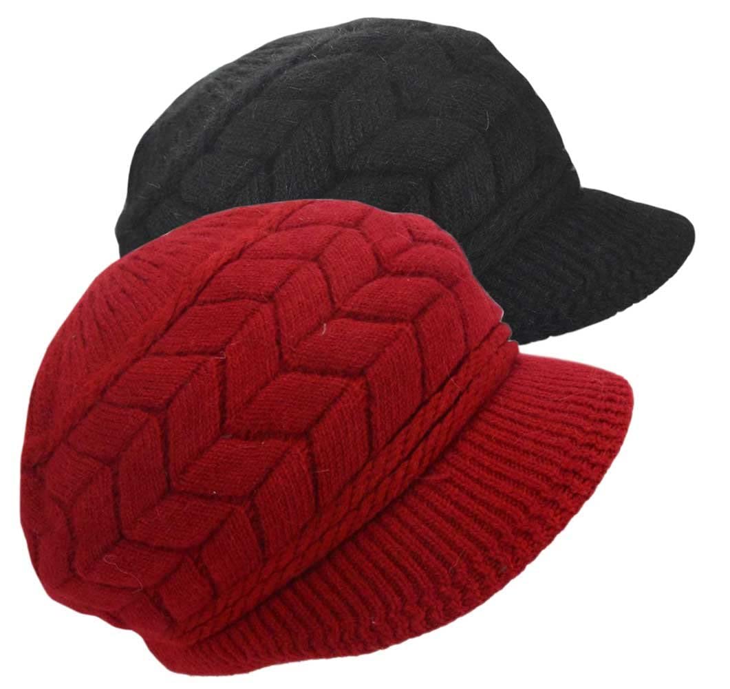 Ausuaya Women's Z - 2 Packs - Black & Burgundy Winter Hat Brim, Wooly Knitted Beanie Hats Warm Fleece Lined & Visor For Wool Knit Newsboy Cap Uk-Ws-H1 (Uk, Alpha, M, )