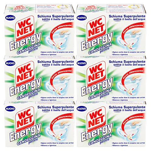 Wc Net - Energía con lejía, polvo desinfectante para inodoro, espuma autolimpiante con acción blanqueadora, 4 bolsas x 6 paquetes