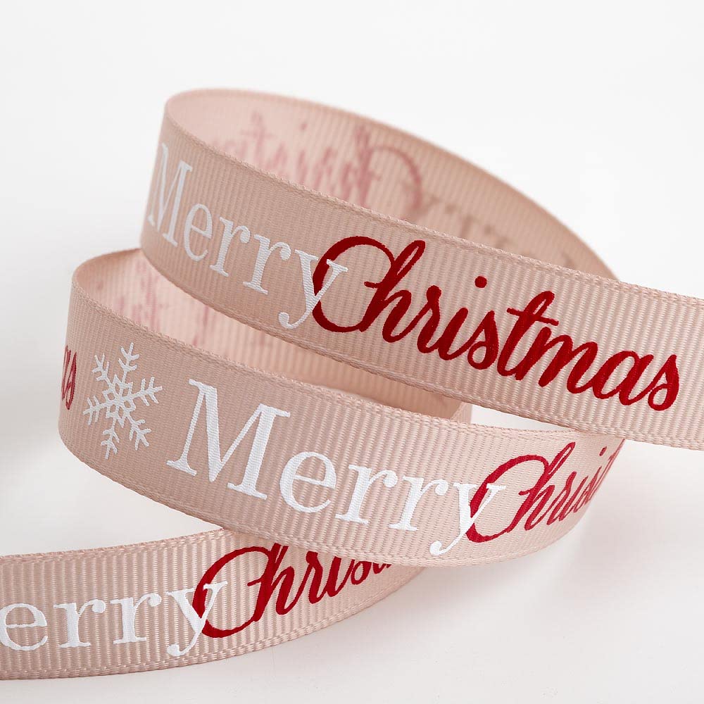 Italian Options Taupe Merry Christmas Grosgrain Ribbon, Christmas Ribbon for Crafts, Gift Wrapping, Wreaths, Tree Decorations, Hair Bows, Taupe, 16 mm x 5 Metre Roll
