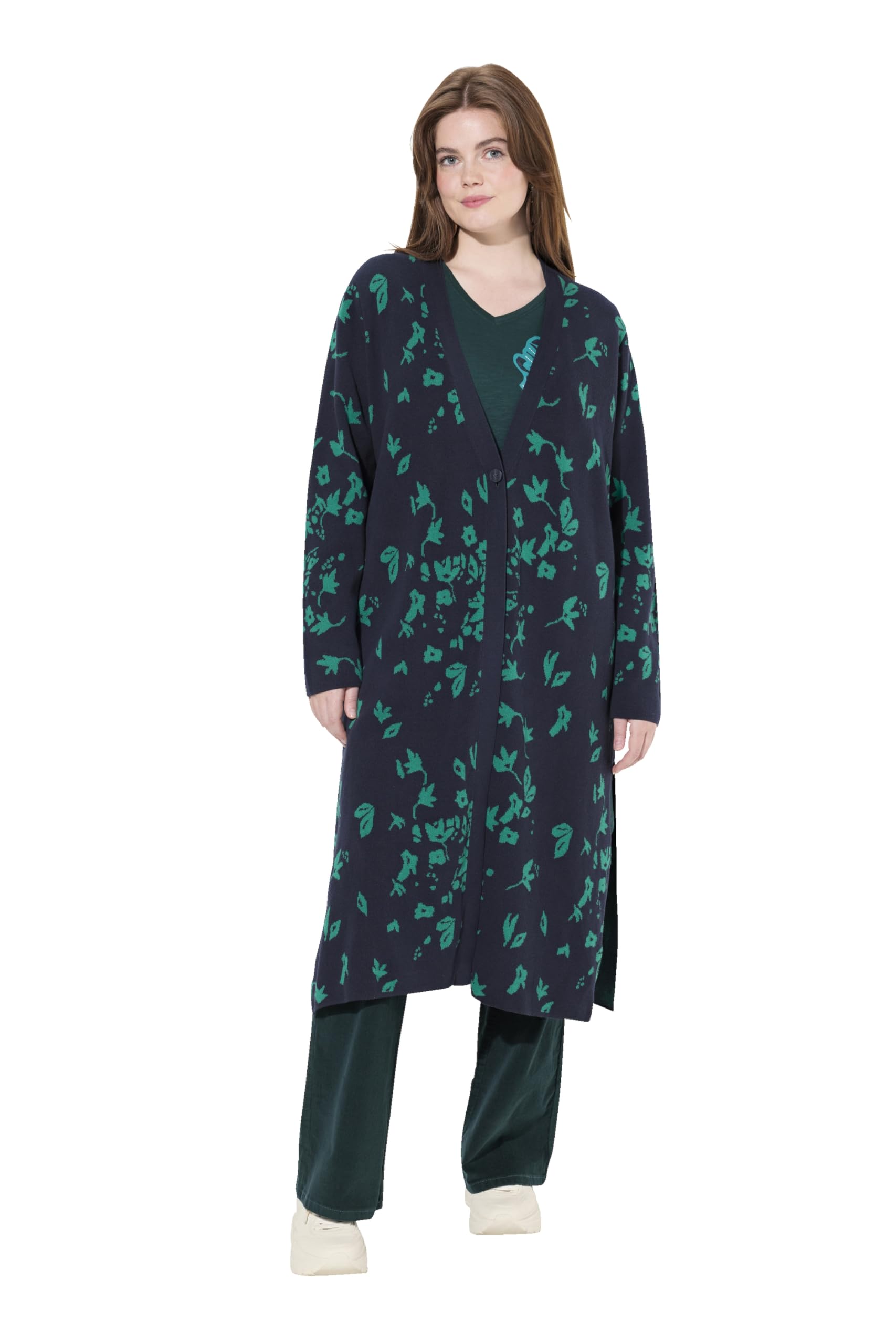 Ulla Popken Damen große Größen Übergrößen Plus Size Long-Strickjacke, Blätter, V-Ausschnitt, Biobaumwolle 832425