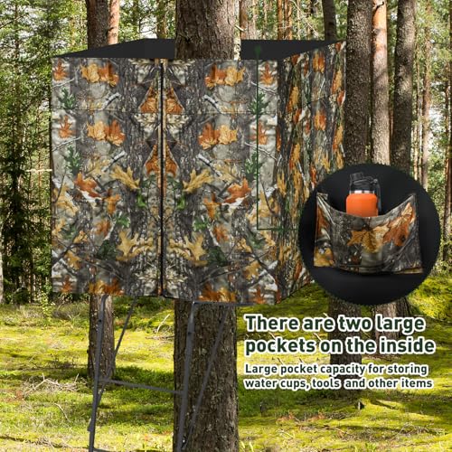 Four-sided Hunting Tree Stand Blinds Kit, 142" x 35" Large Treestand Camo Blind Cover Universal 2 Man Ladder Stand Blind Camouflage Stand Accessories with Zipper Pocket Storage Bag for Deer Hunting