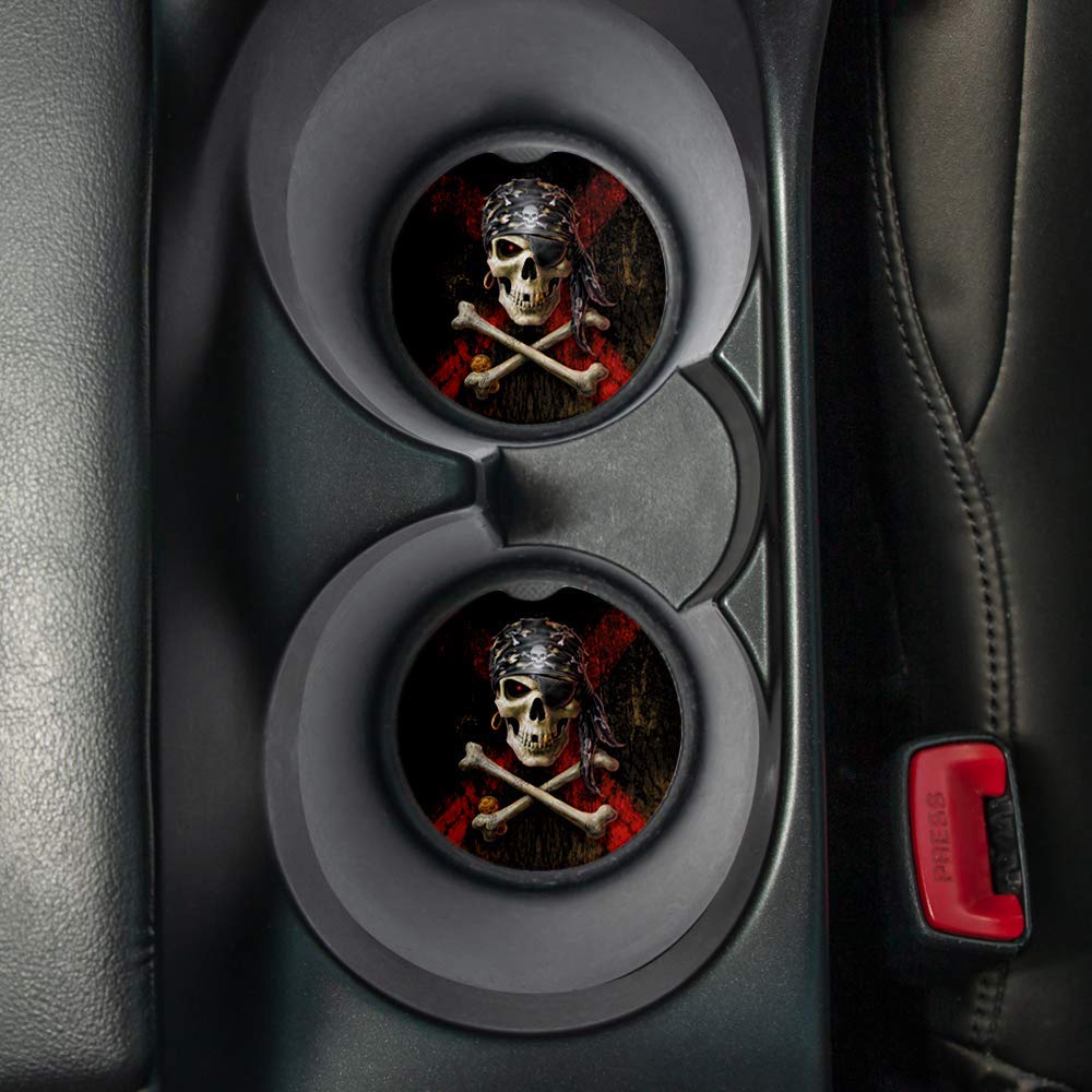 Anne Stokes Pirate Skull | Car Coasters for drinks Set of 2 | Perfect Car Accessories with absorbent coasters. Car Coaster measures 2.56 inches with rubber backing.