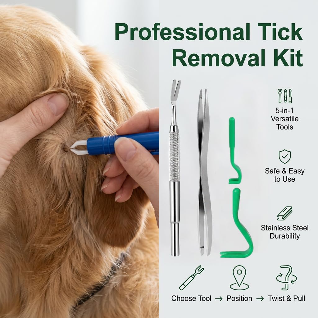 5 pcs Pinces Tiques avec Étui pour Chien Chat Humain, Protection Contre Les Tiques 5 en 1 avec 2 Crochet à Tiques 2 Metal Tweezers 1 Blue Tick Extractor