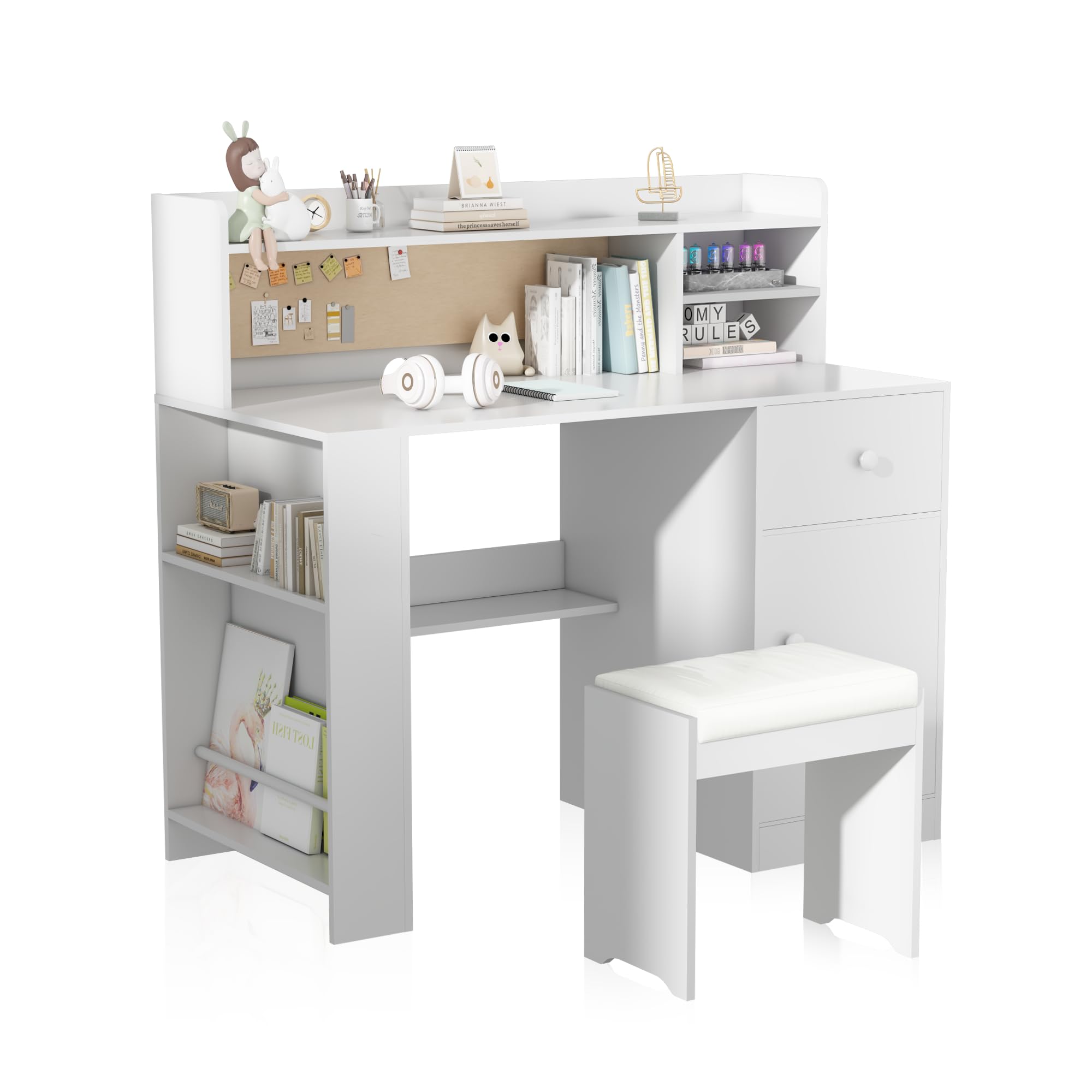 JMMD Kids Study Desk and Chair, Big Kids Desk and Chair Sets with Hutch and Storage Cabinet, Wooden Children Study Table for Kids 6-12, Student Writing Desk with Drawers for Bedroom, Homeschool