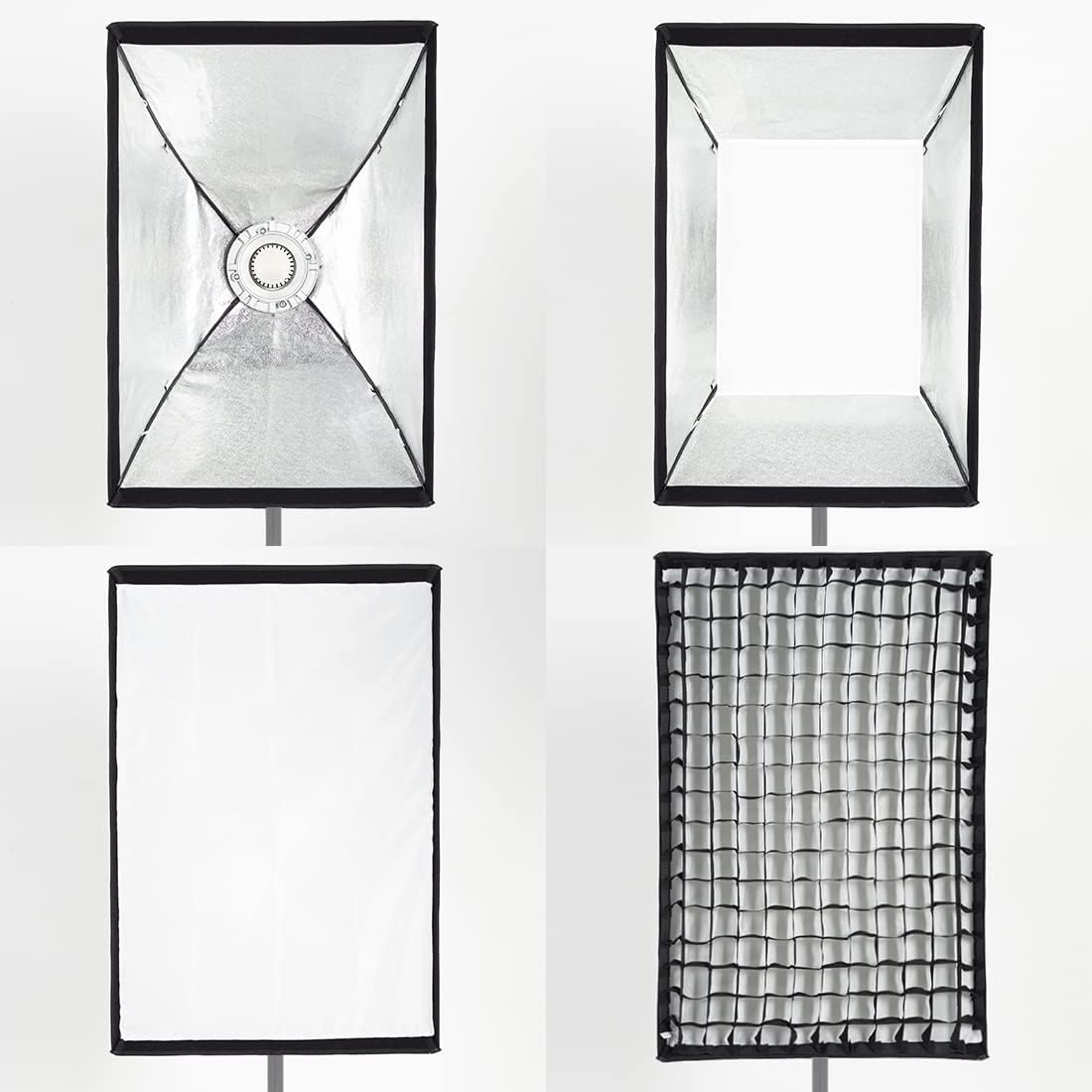Components of a rectangular softbox including the reflective interior, diffusers, and honeycomb grid.