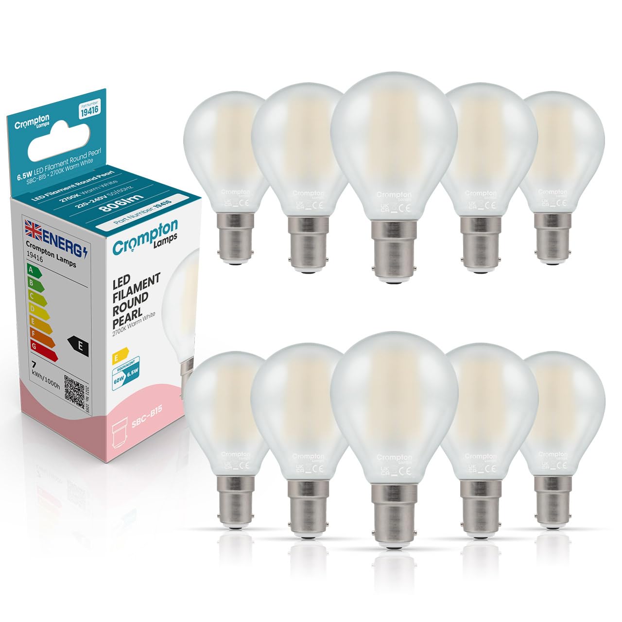 Crompton Lamps Filament Golfball LED Light Bulb SBC-B15d | 6.5W = 60W Equivalent | Warm White 2700K | Energy Efficient | Small Bayonet Lightbulb | Long Life 15,000-Hrs | Pearl Glass | 10-Pack