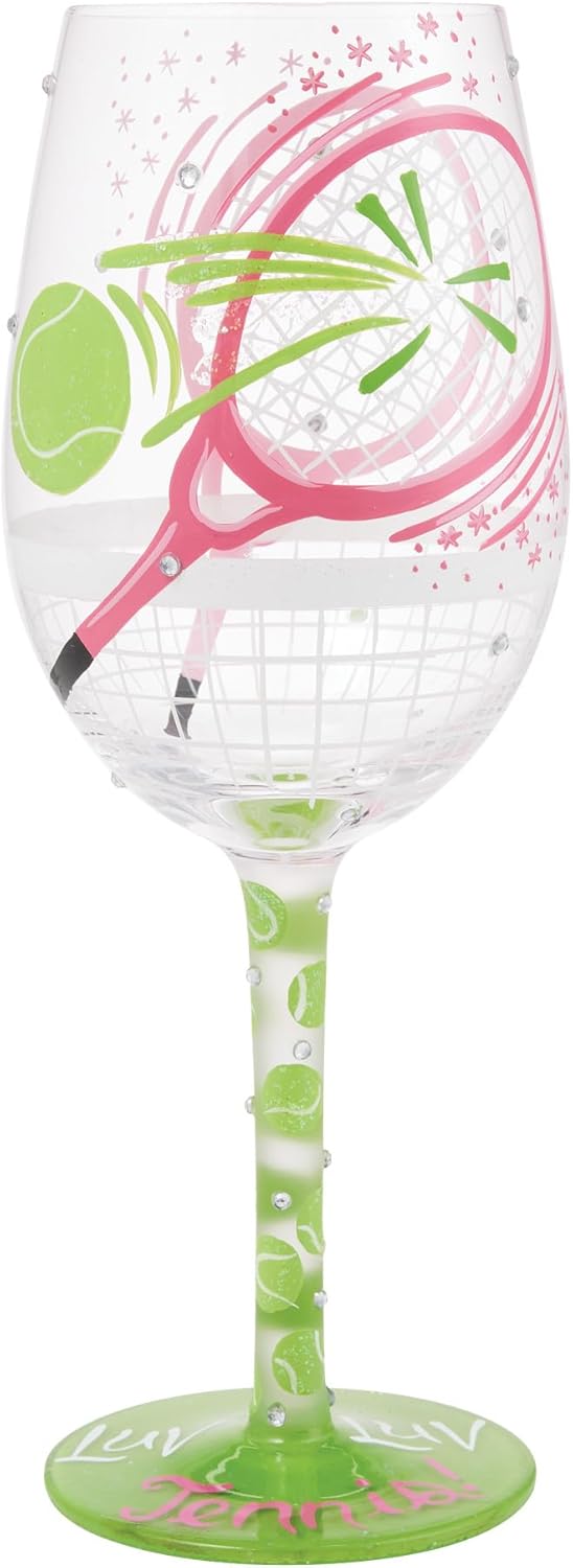 Enesco Lolita I Luv-Luv Tennis Hand-Painted Artisan Wine Glass, 15 Ounce, Multicolor