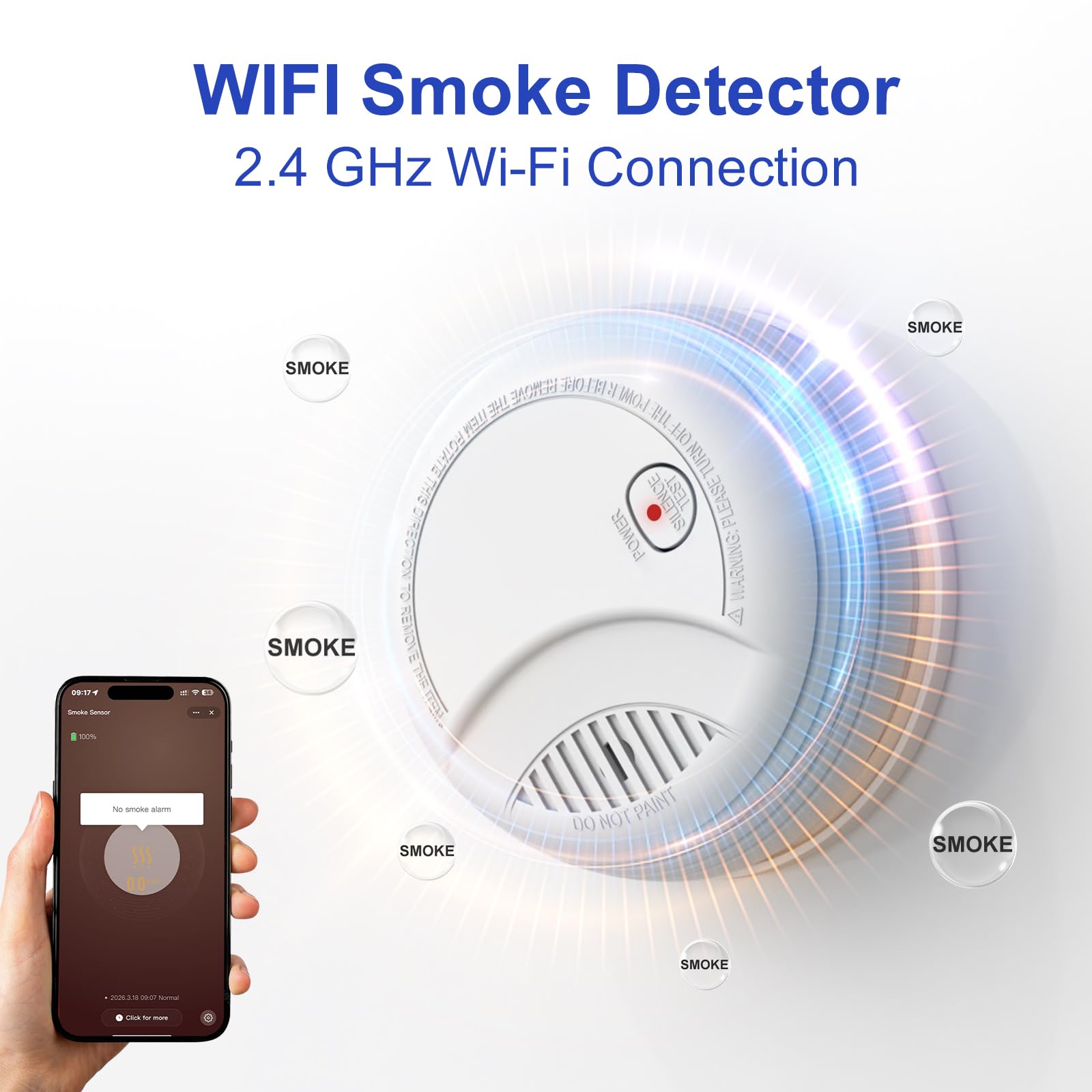 Détecteur de Fumée WiFi Intelligent avec Batterie au Remplaçable, Notification d'App, Fonction silencieuse et Auto-Test, EN14604, Alarme 85 dB, Alarme Incendie WiFi Compatible avec Tuya/Smart Life APP