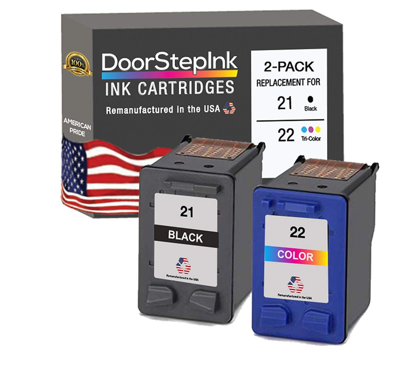 DoorStepInkRemanufactured 21 Ink Cartridge for HP 21XL 22XL Combo Pack (1 Black,1 Color) for OfficeJet 4315 J3680 DeskJet F2210 F4180 F380 F300 F4140 F340 D1455 PSC 1410 Printer, Made in U.S